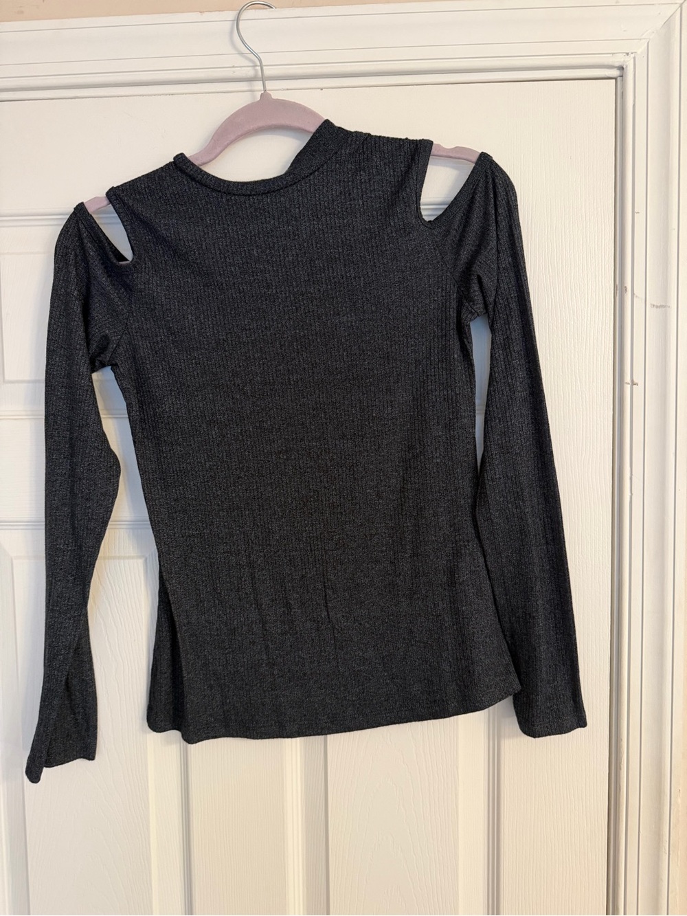 Rebel Sugar Charcoal Cold-Shoulder Ribbed Long Sleeve Top